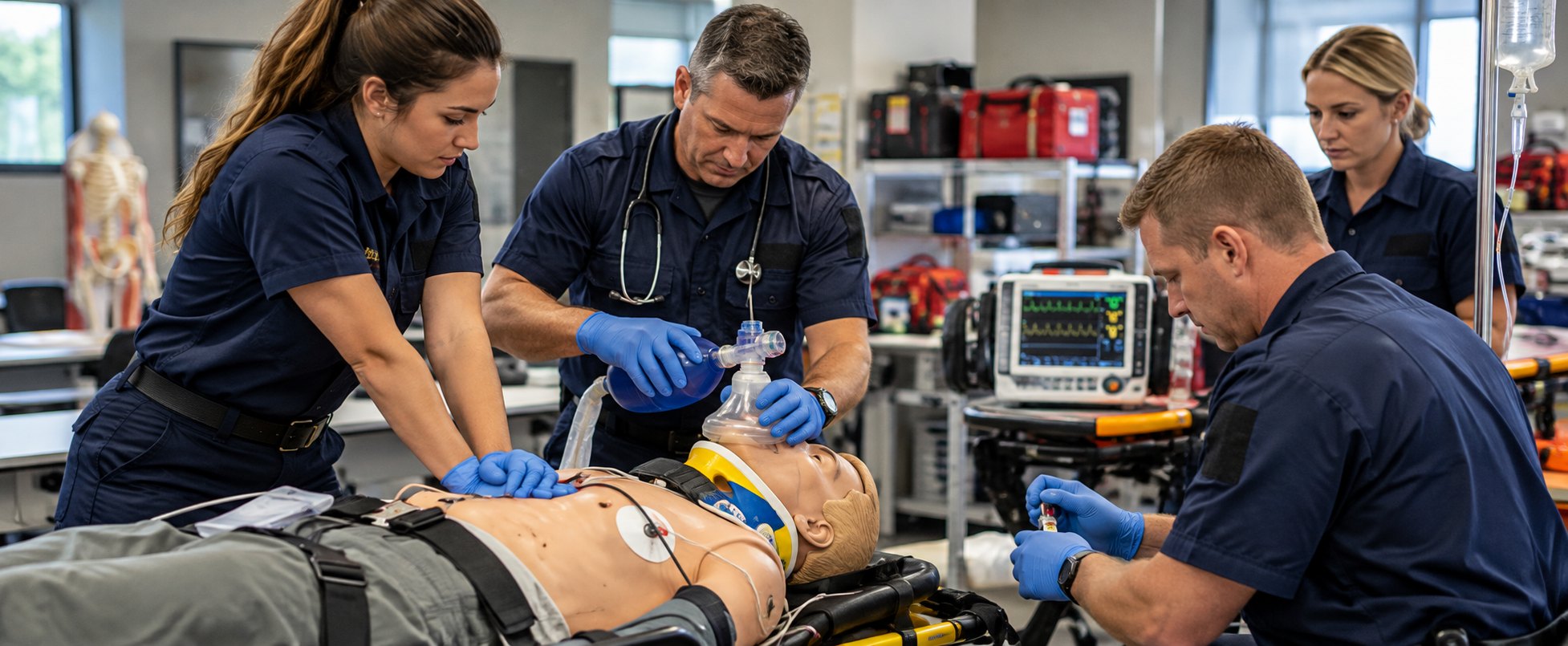EMS professionals practicing emergency care on a training mannequin